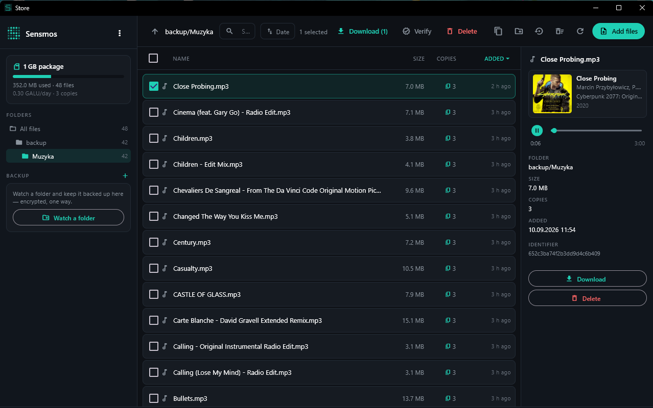 Sensmos Store on Windows: folder tree, file list, and a track playing with its cover and tags